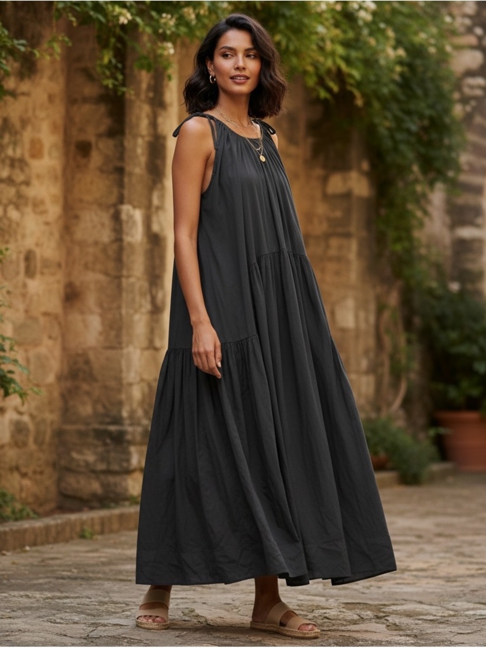COS Tiered Tie-Shoulder Maxi Dress – Navy – Size 8